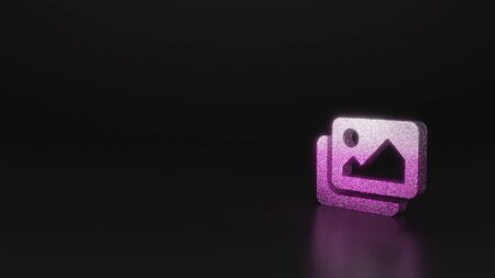 glitter pink silver symbol of two pictures with landscape 3D rendering on black background with blurred reflection with sparklesの写真素材