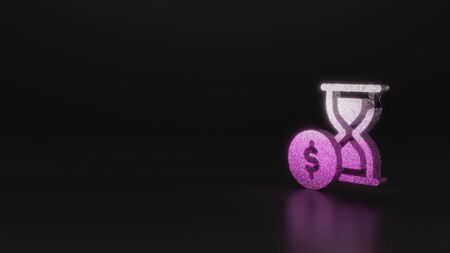 glitter pink silver symbol of hourglass with dollar symbol 3D rendering on black background with blurred reflection with sparklesの写真素材