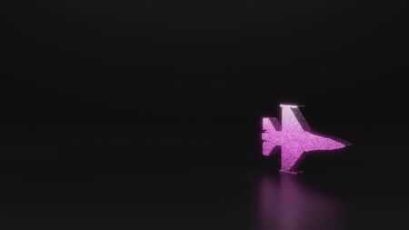 glitter pink silver symbol of fighting falcon fighter jet 3D rendering on black background with blurred reflection with sparklesの写真素材