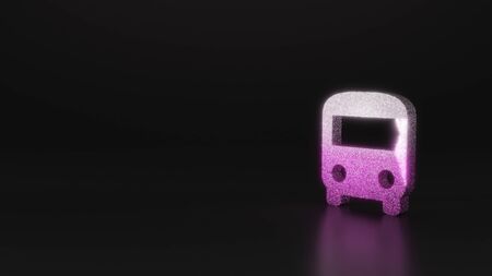 glitter pink silver symbol of bus from front view 3D rendering on black background with blurred reflection with sparklesの写真素材