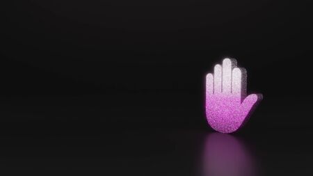 glitter pink silver symbol of hand 3D rendering on black background with blurred reflection with...
