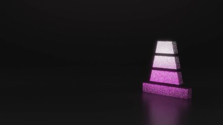 glitter pink silver symbol of traffic cone 3D rendering on black background with blurred reflection with sparklesの写真素材