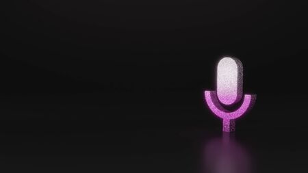 glitter pink silver symbol of microphone 3D rendering on black background with blurred reflection with sparklesの写真素材