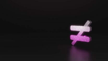 glitter pink silver symbol of not equal symbol 3D rendering on black background with blurred reflection with sparklesの写真素材