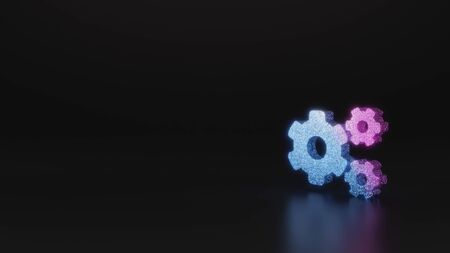 glitter neon violet pink ombre symbol of big cogwheel and two small cogwheels 3D rendering on black...