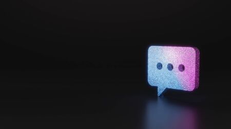 glitter neon violet pink ombre symbol of rectangular rounded chat bubble with three dots 3D rendering on black background with blurred reflection with sparklesの写真素材