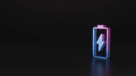 glitter neon violet pink ombre vertical vertical symbol of charging empty battery with flash 3D rendering on black background with blurred reflection with sparklesの写真素材