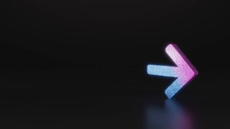 glitter neon violet pink ombre symbol of arrow right 3D rendering on black background with blurred reflection with sparklesの写真素材
