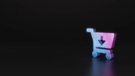 glitter neon violet pink ombre symbol of cart arrow down 3D rendering on black background with blurred reflection with sparklesの写真素材