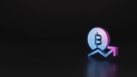 glitter neon violet pink ombre symbol of bitcoin with growing trend 3D rendering on black background with blurred reflection with sparklesの写真素材