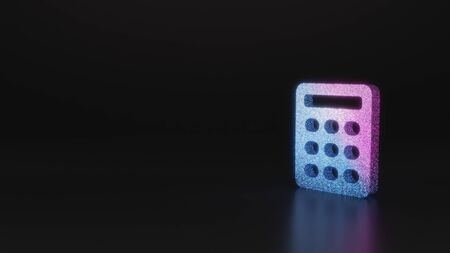 glitter neon violet pink ombre symbol of calculator with rounded buttons 3D rendering on black background with blurred reflection with sparklesの写真素材