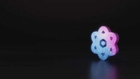 glitter neon violet pink ombre symbol of atom 3D rendering on black background with blurred...