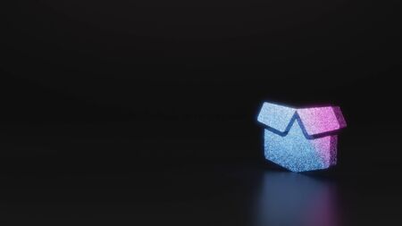 glitter neon violet pink ombre symbol of box open with flaps 3D rendering on black background with blurred reflection with sparklesの写真素材