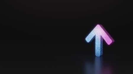 glitter neon violet pink ombre symbol of simple up open arrow 3D rendering on black background with blurred reflection with sparklesの写真素材