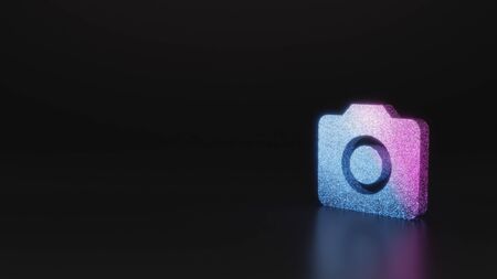 glitter neon violet pink ombre symbol of camera 3D rendering on black background with blurred reflection with sparklesの写真素材