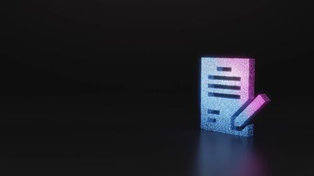 glitter neon violet pink ombre symbol of paper contract with pen 3D rendering on black background with blurred reflection with sparklesの写真素材