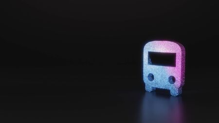 glitter neon violet pink ombre symbol of front view of a bus 3D rendering on black background with blurred reflection with sparklesの写真素材
