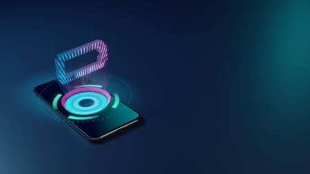 3D rendering smartphone with display emitting neon violet pink blue holographic horizontal symbol of battery empty icon on dark background with blurred reflectionの写真素材