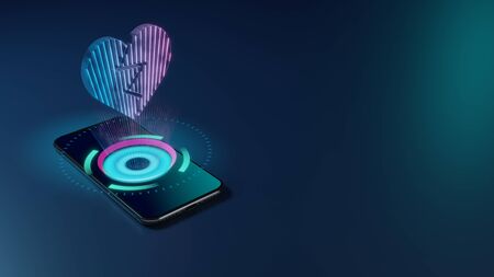 3D rendering smartphone with display emitting neon violet pink blue holographic symbol of broken...