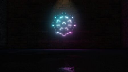 3D rendering of blue violet neon symbol of rudder on dark brick wall background with wet blurred reflectionの写真素材
