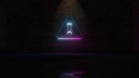 3D rendering of blue violet neon symbol of exclamation symbol in triangle on dark brick wall...