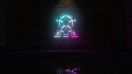 3D rendering of blue violet neon symbol of atomium landmark building on dark brick wall background with wet blurred reflectionのeditorial素材
