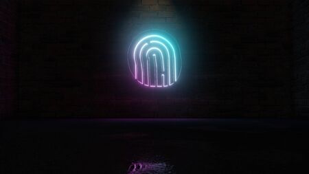 3D rendering of blue violet neon symbol of inverse fingerprint on dark brick wall background with...