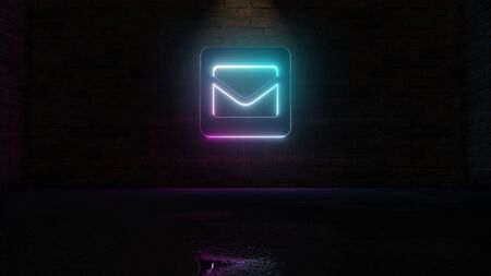 3D rendering of blue violet neon symbol of envelope in square on dark brick wall background with wet blurred reflectionの写真素材