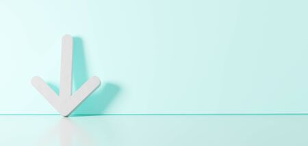 3D rendering of white symbol of down arrow icon leaning on on color wall with floor blurred reflection with empty space on right sideの写真素材