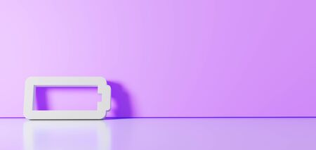 3D rendering of white horizontal symbol of battery empty icon leaning on on color wall with floor blurred reflection with empty space on right sideの写真素材