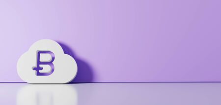 3D rendering of white symbol of bitcoin in cloud icon leaning on on color wall with floor blurred reflection with empty space on right sideの写真素材