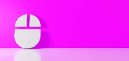3D rendering of white symbol of computer mouse icon leaning on on color wall with floor blurred reflection with empty space on right sideの写真素材