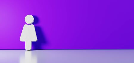 3D rendering of white symbol of female figure symbol icon leaning on on color wall with floor blurred reflection with empty space on right sideの写真素材