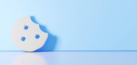 3D rendering of white symbol of cookie with bite icon leaning on on color wall with floor blurred reflection with empty space on right sideの写真素材