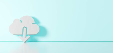 3D rendering of white symbol of download from cloud with down arrow icon leaning on on color wall with floor blurred reflection with empty space on right sideの写真素材