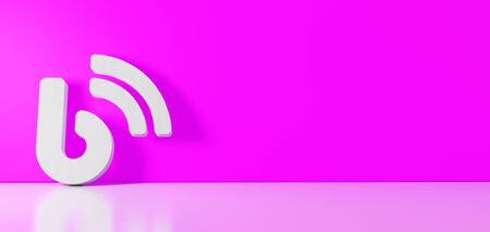 3D rendering of white symbol of blog icon leaning on on color wall with floor blurred reflection with empty space on right sideの写真素材