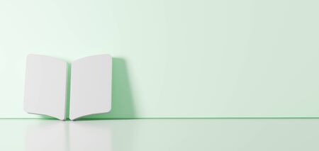 3D rendering of white symbol of book open icon leaning on on color wall with floor blurred...