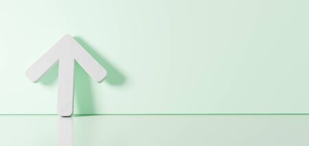 3D rendering of white symbol of simple up open arrow icon leaning on on color wall with floor...