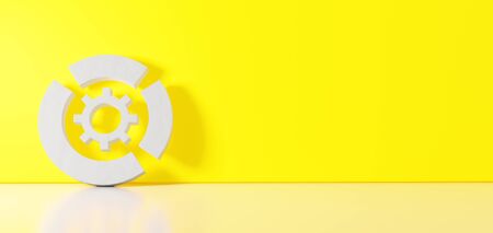3D rendering of white symbol of circular diagram with cogwheel in the middle icon leaning on on...