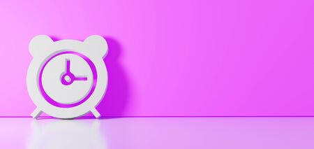 3D rendering of white symbol of alarm clock with two bells and thick clock hands icon leaning on on color wall with floor blurred reflection with empty space on right sideの写真素材