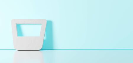 3D rendering of white symbol of whiskey glass with liquid icon leaning on on color wall with floor blurred reflection with empty space on right sideの写真素材