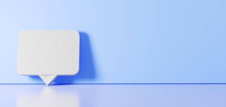 3D rendering of white symbol of rectangular chat bubble icon leaning on on color wall with floor...