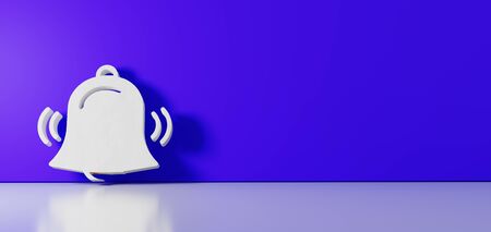 3D rendering of white symbol of bell alarm with sound lines icon leaning on on color wall with floor...