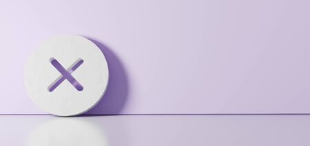 3D rendering of white symbol of cancel cross in circle icon leaning on on color wall with floor blurred reflection with empty space on right sideの写真素材