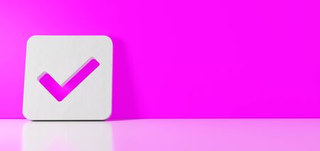 3D rendering of white symbol of check mark in rounded square icon leaning on on color wall with floor blurred reflection with empty space on right sideの写真素材