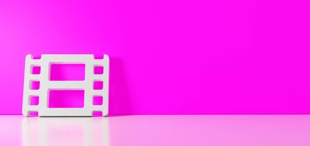 3D rendering of white symbol of film strip icon leaning on on color wall with floor blurred reflection with empty space on right sideの写真素材