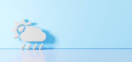 3D rendering of white symbol of rainy cloud partly cover sun icon leaning on on color wall with floor blurred reflection with empty space on right sideの写真素材