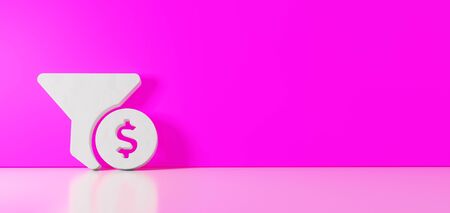 3D rendering of white symbol of funnel and dollar coin icon leaning on on color wall with floor blurred reflection with empty space on right sideの写真素材