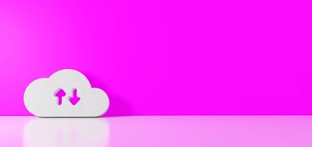 3D rendering of white symbol of cloud data download upload icon leaning on on color wall with floor...