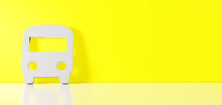 3D rendering of white symbol of front view of a bus icon leaning on on color wall with floor blurred...